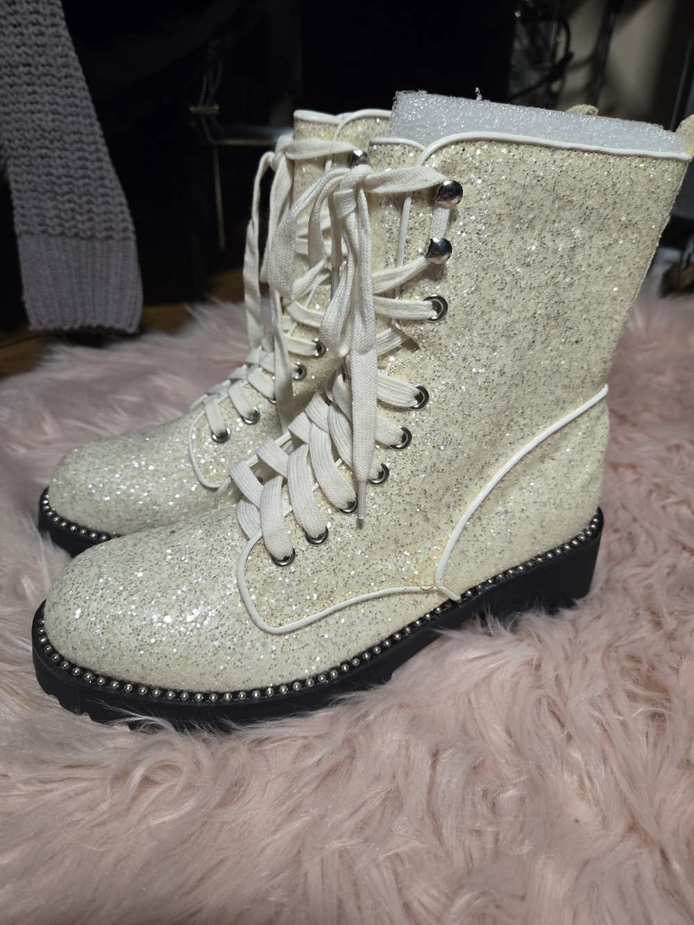 Glitter Lace-Up Combat Boots - Cream